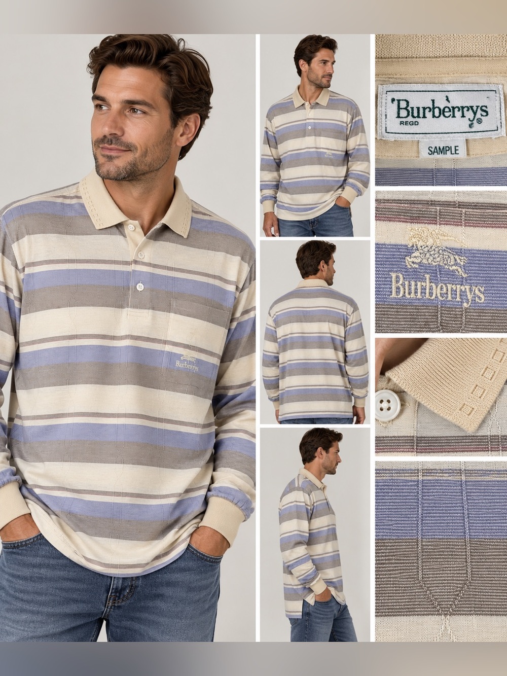 Vintage Burberrys Sample Striped Long Sleeve Polo Shirt Embroidered Logo -Medium